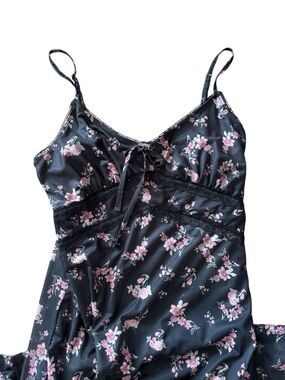 Wild Skye Floral Satin Slip Dress Black Pink Lace Tie Front Medium